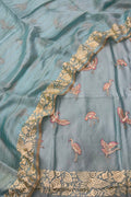 Blue Parsi Gara Raw Silk Suit — Embroidered Motif, Festive Occasion