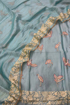 Blue Parsi Gara Raw Silk Suit — Embroidered Motif, Festive Occasion
