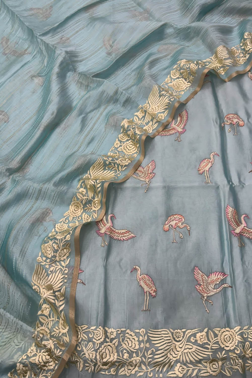 Blue Parsi Gara Raw Silk Suit — Embroidered Motif, Festive Occasion