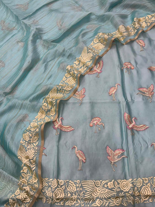 Green Embroidered Parsi Raw Silk Unstitched Three Piece Suit Set