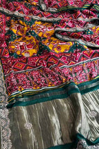 Green and Red Digital Print Patola Gajji Silk Saree Lagda Border Hand Gotta Patti