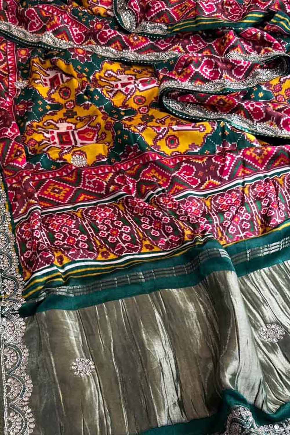Green and Red Digital Print Patola Gajji Silk Saree Lagda Border Hand Gotta Patti