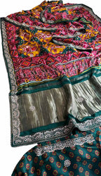 Green and Red Digital Print Patola Gajji Silk Saree Lagda Border Hand Gotta Patti