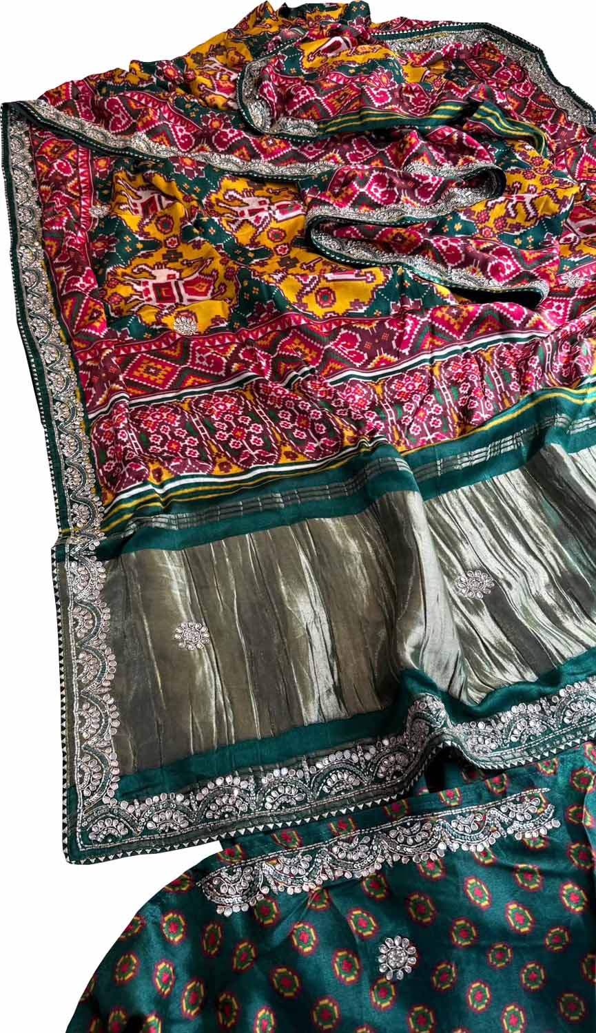 Green and Red Digital Print Patola Gajji Silk Saree Lagda Border Hand Gotta Patti