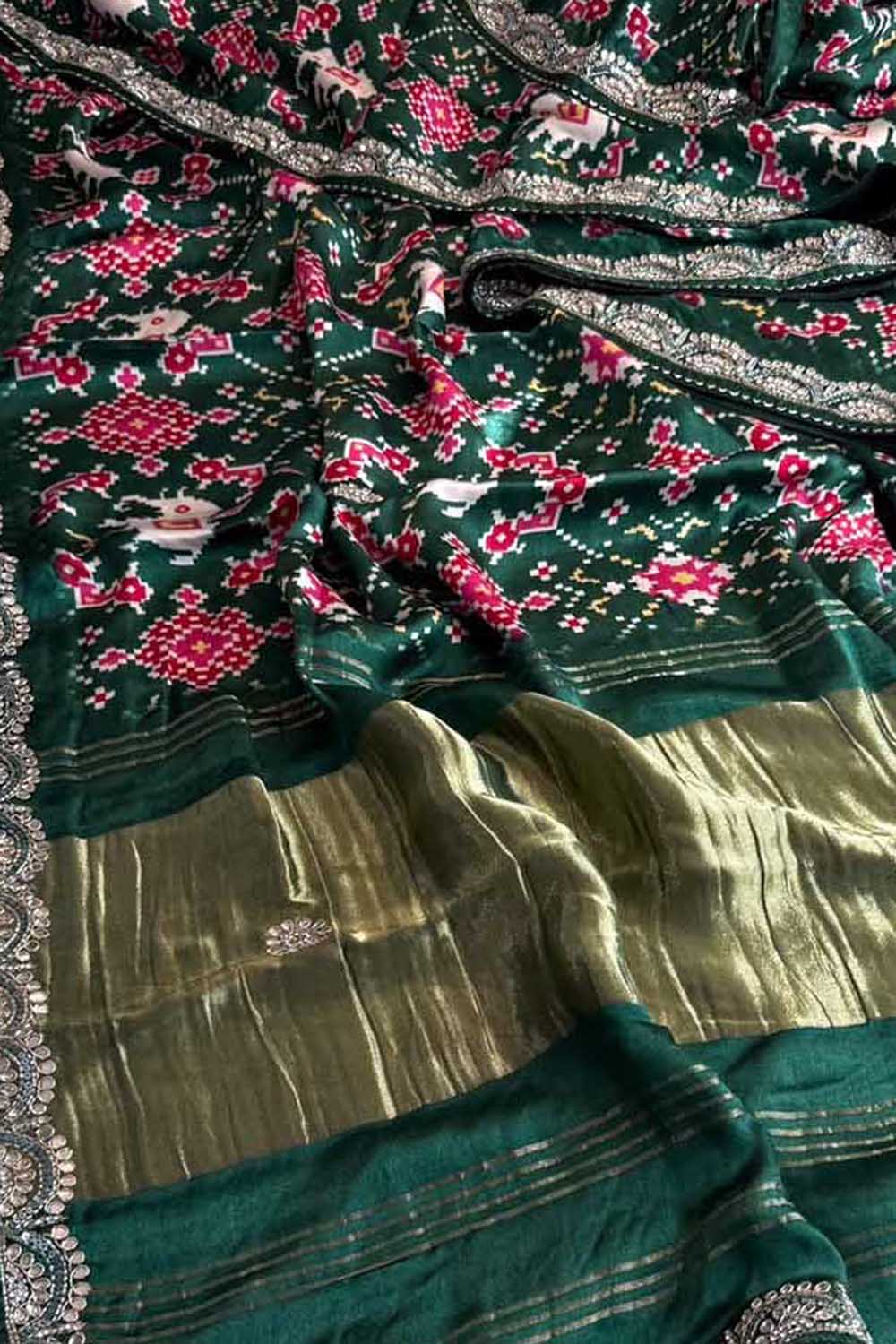Green Digital Print Patola Gajji Silk Saree Lagda Border Hand Gotta Patti