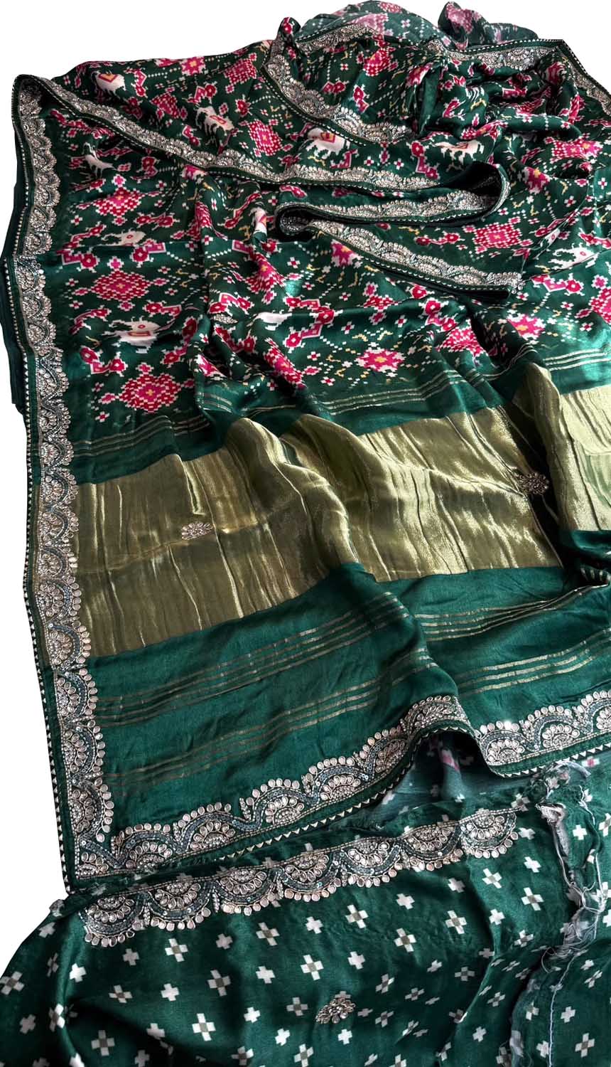 Green Digital Print Patola Gajji Silk Saree Lagda Border Hand Gotta Patti