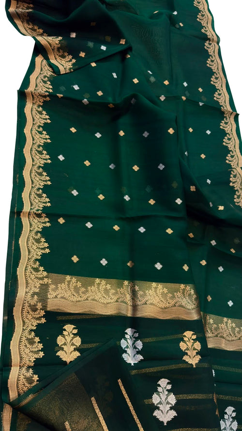 Green Handloom Banarasi Pure Kora Organza Saree