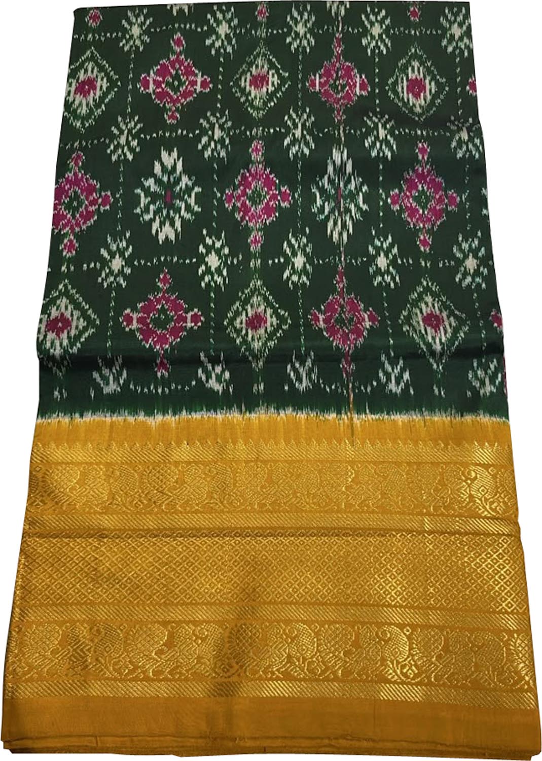 Green Ikat Pure Silk Saree Handloom Woven Kanjeevaram Border