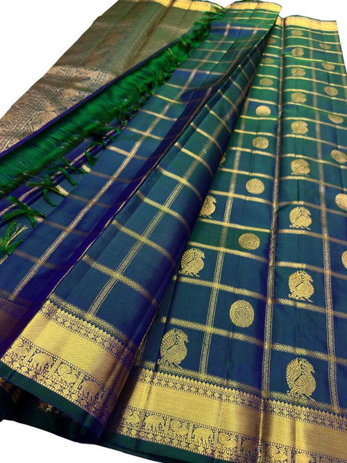 Green Blue Shot Handloom Kanjeevaram Pure Silk Saree