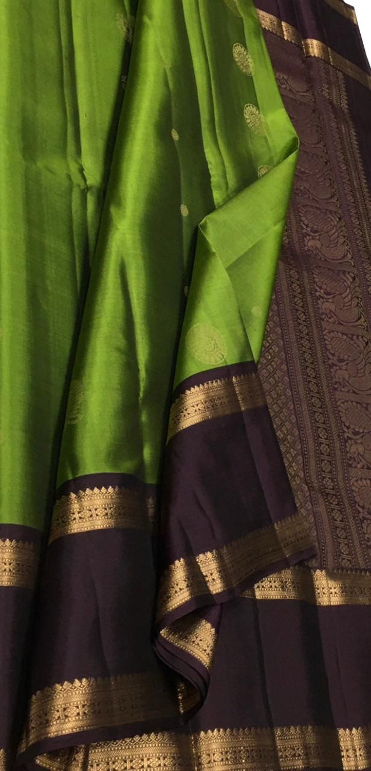 Green Handloom Kanjeevaram Pure Silk Saree — Parrot & Mango Zari, Wedding