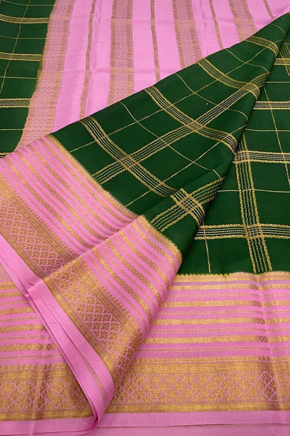 Green Mysore Crepe Silk Checks Saree — Handloom Weave, Festive