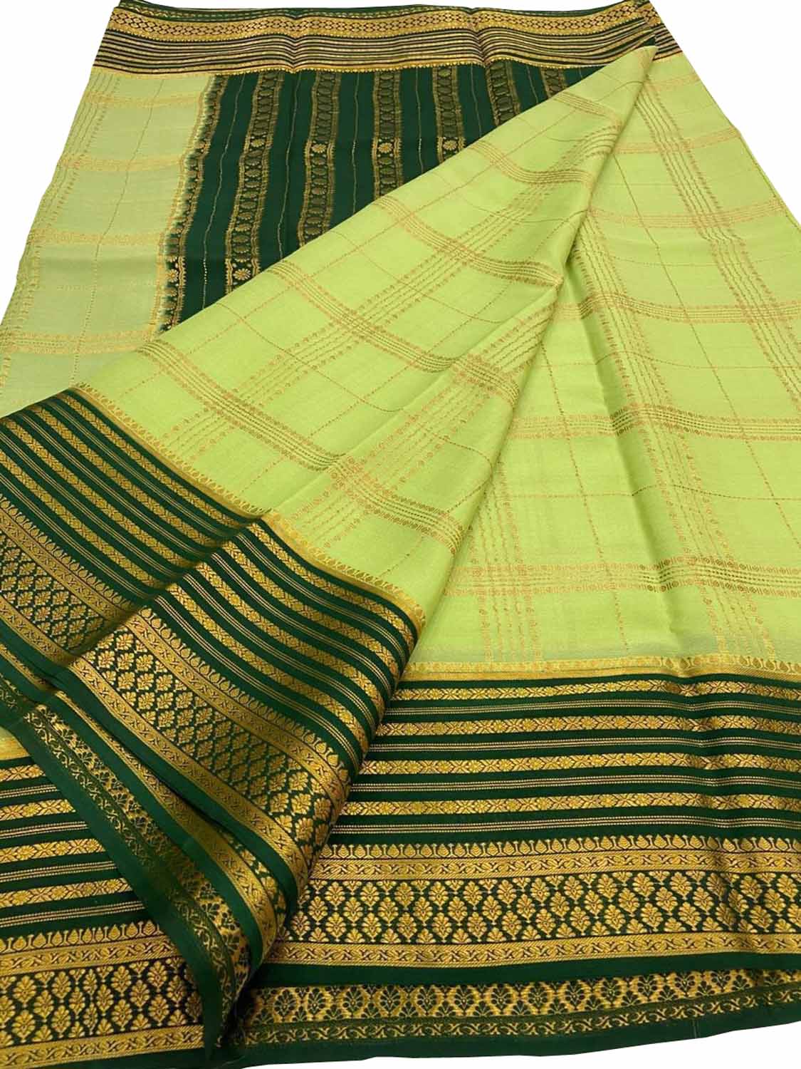Green Mysore Crepe Silk Checks Saree — Handloom Weave, Occasions