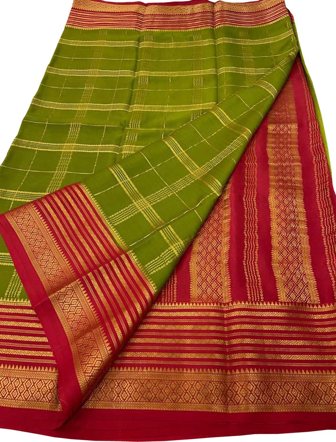 Green Mysore Crepe Silk Checks Saree — Handloom Weave, Casual