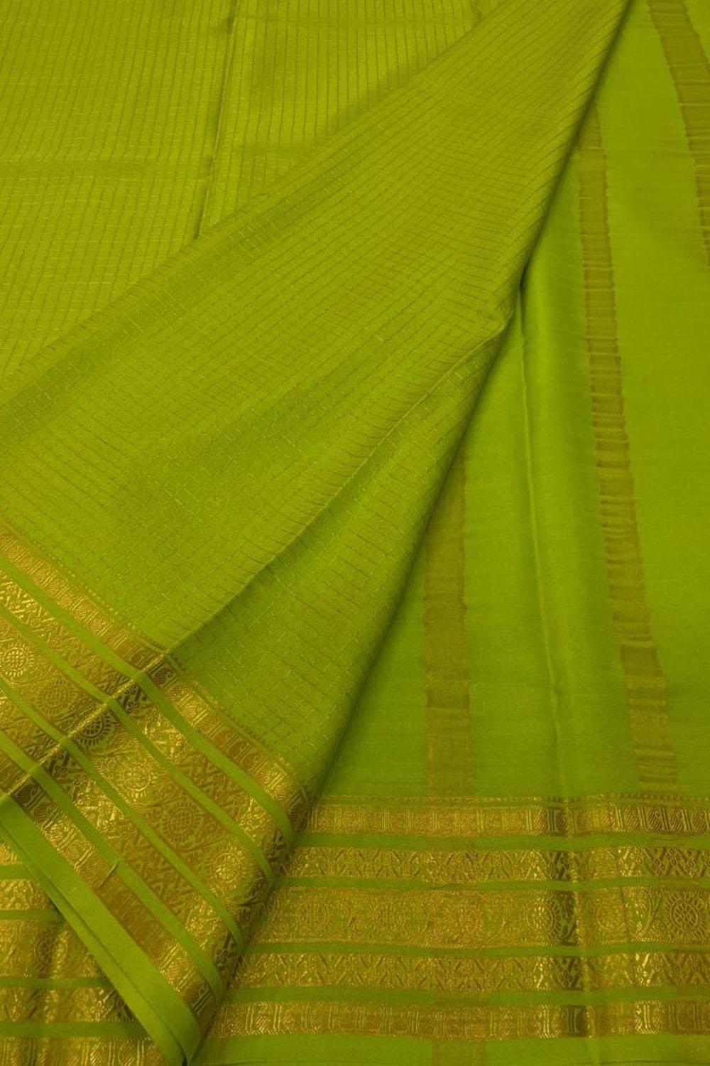 Green Handloom Mysore Pure Crepe Silk Checks Design Saree