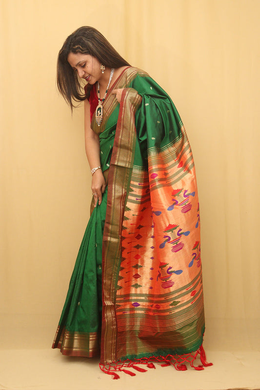 Green Handloom Paithani Pure Silk Saree - Luxurion World