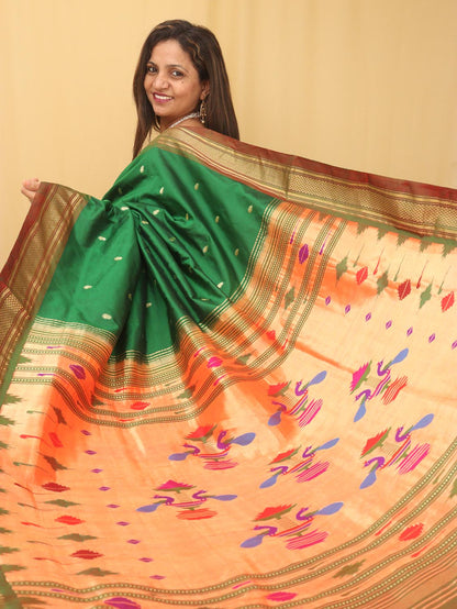 Green Handloom Paithani Pure Silk Saree - Luxurion World