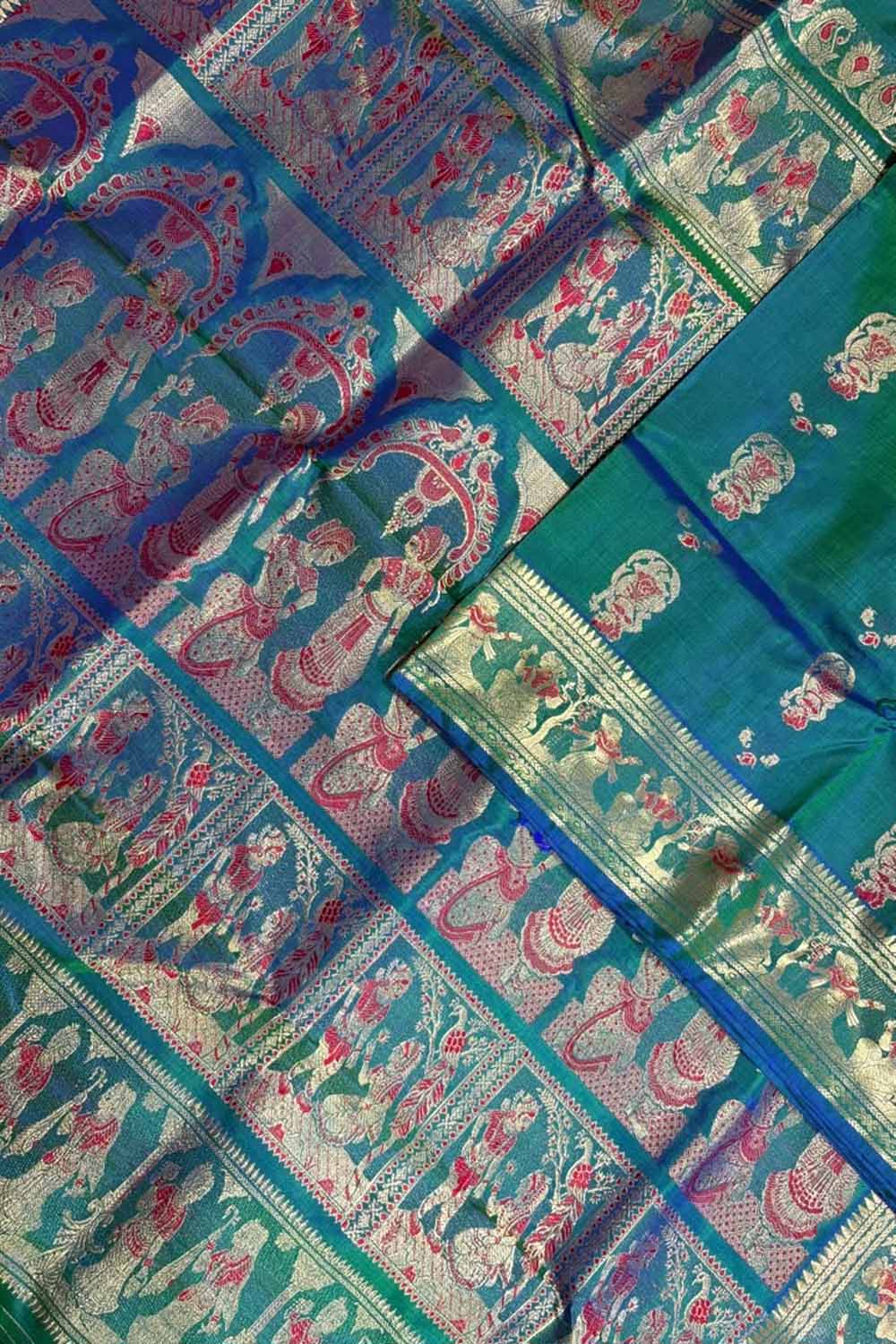 Green Swarnachari Pure Silk Saree Handloom Woven Wedding