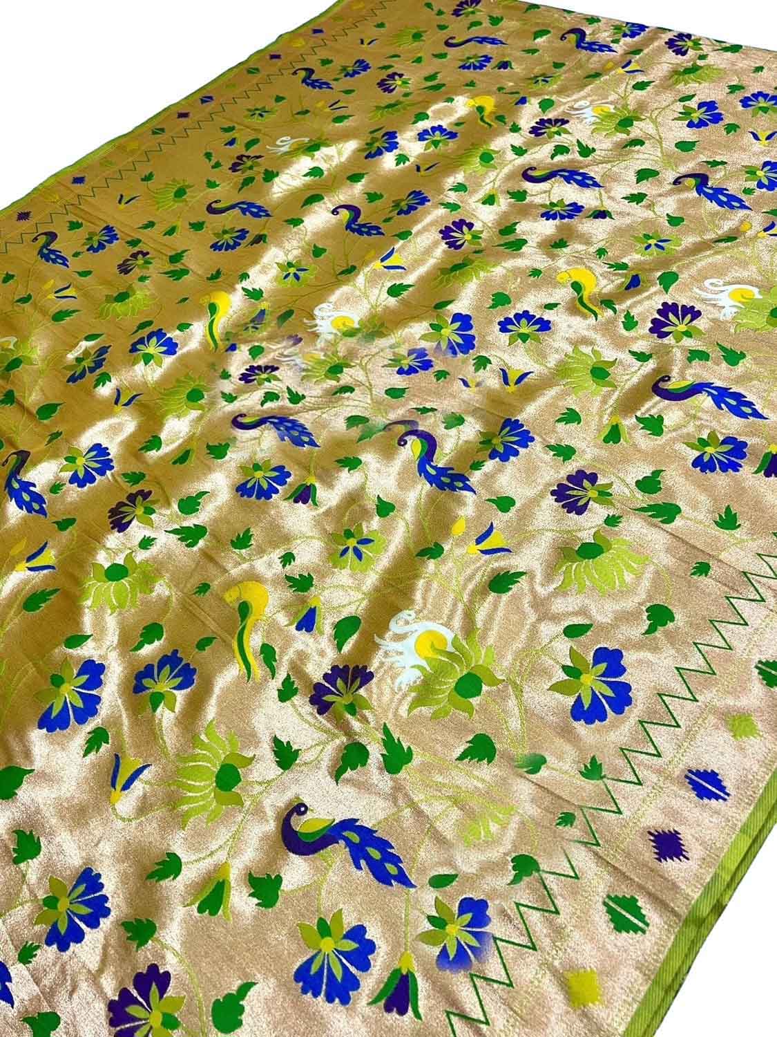 Green Paithani Silk Peacock & Flower Design Fabric