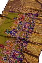 Green Kanjeevaram Pure Silk Saree Hand Painted Kalamkari Festive