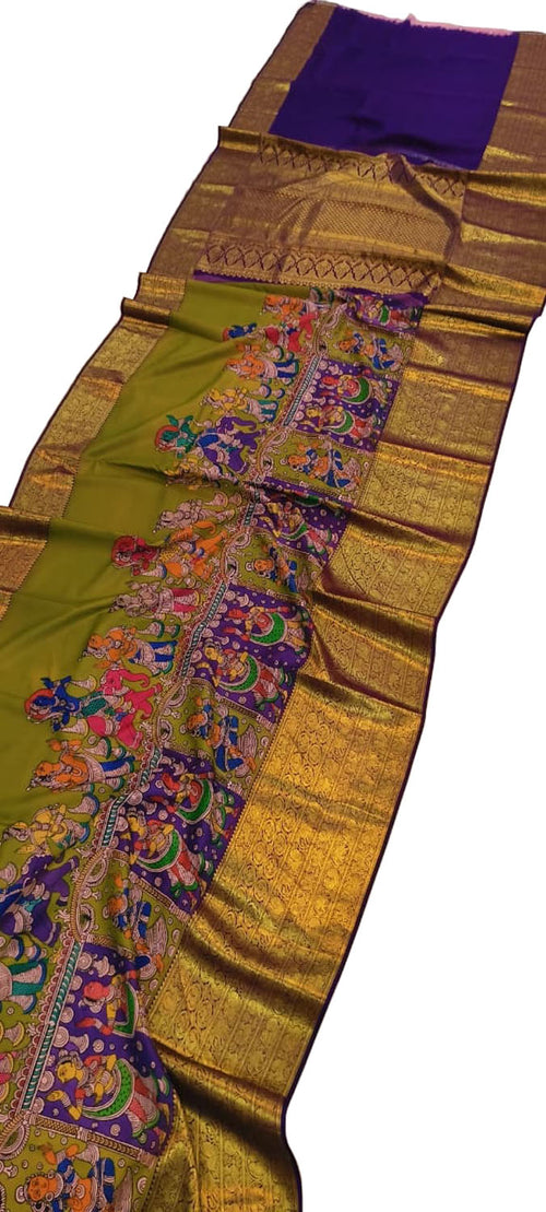 Green Kanjeevaram Pure Silk Saree Hand Painted Kalamkari Festive