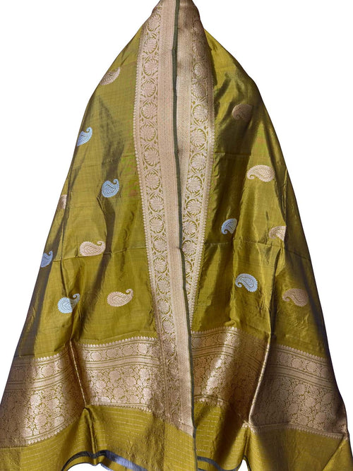 Green Pure Katan Silk Banarasi Handloom Booti Design Handloom Dupatta