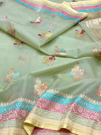 Green Pure Kora Tissue Banarasi Handloom Meenakari Weaved Saree