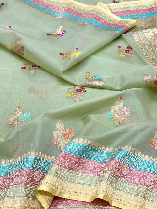 Green Banarasi Pure Kora Tissue Handloom Saree Meenakari