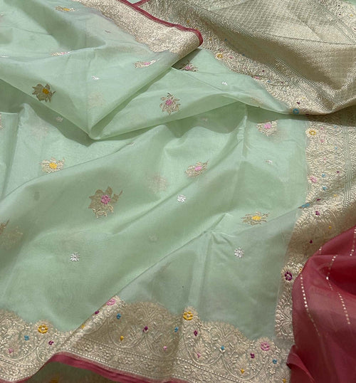 Green Pure Kora Tissue Banarasi Handloom Meenakari Weaved Saree