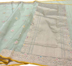 Green Pure Kora Tissue Banarasi Handloom Meenakari Weaved Saree