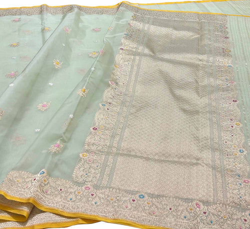 Green Pure Kora Tissue Banarasi Handloom Meenakari Weaved Saree