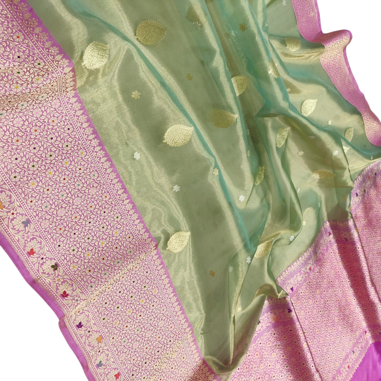Green Banarasi Kora Tissue Silk Saree — Meenakari Skirt Border, Festive Elegance