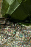 Green Pure Tussar Silk Hand Painted Madhubani Saree
