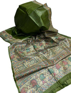 Green Pure Tussar Silk Hand Painted Madhubani Saree