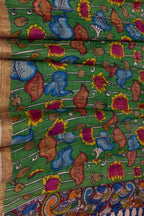 Green Pure Tussar Silk Pen Kalamakari Hand Painted Dupatta