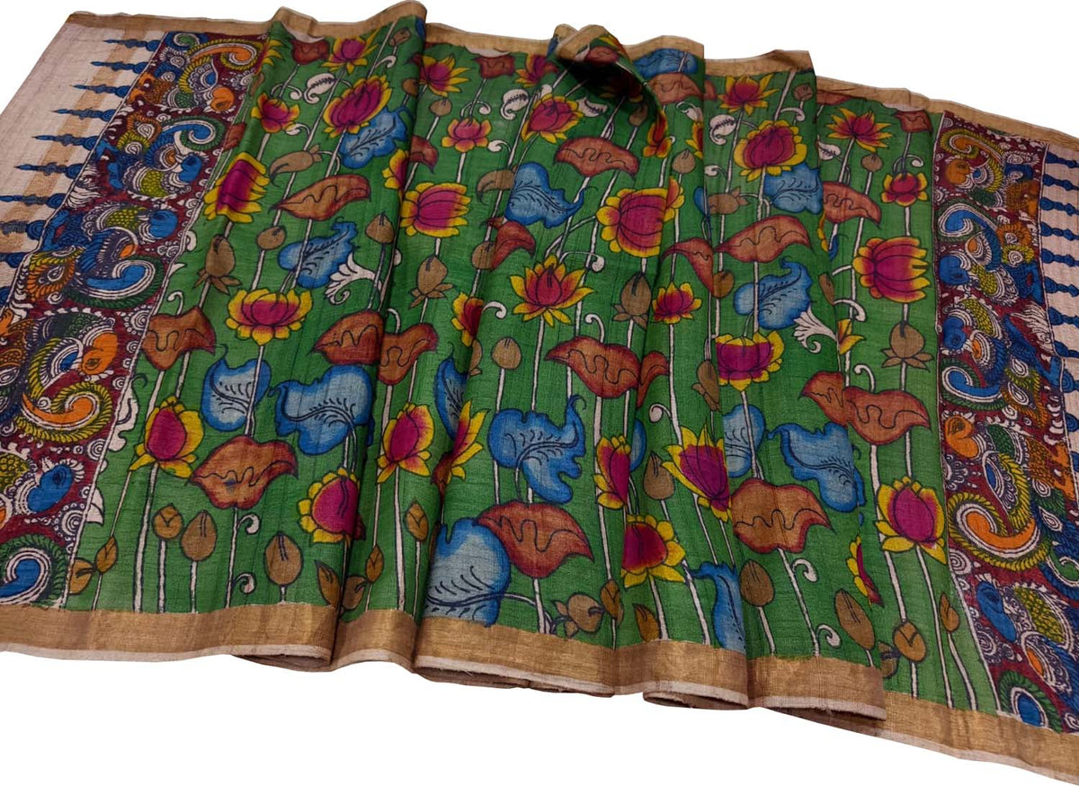 Green Pure Tussar Silk Pen Kalamakari Hand Painted Dupatta