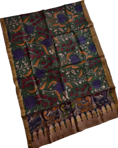 Green Pure Tussar Silk Pen Kalamakari Hand Painted Dupatta
