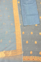 Grey And Blue Banarasi Handloom Kora Silk Unstitched Suit Set