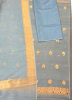 Grey And Blue Banarasi Handloom Kora Silk Unstitched Suit Set