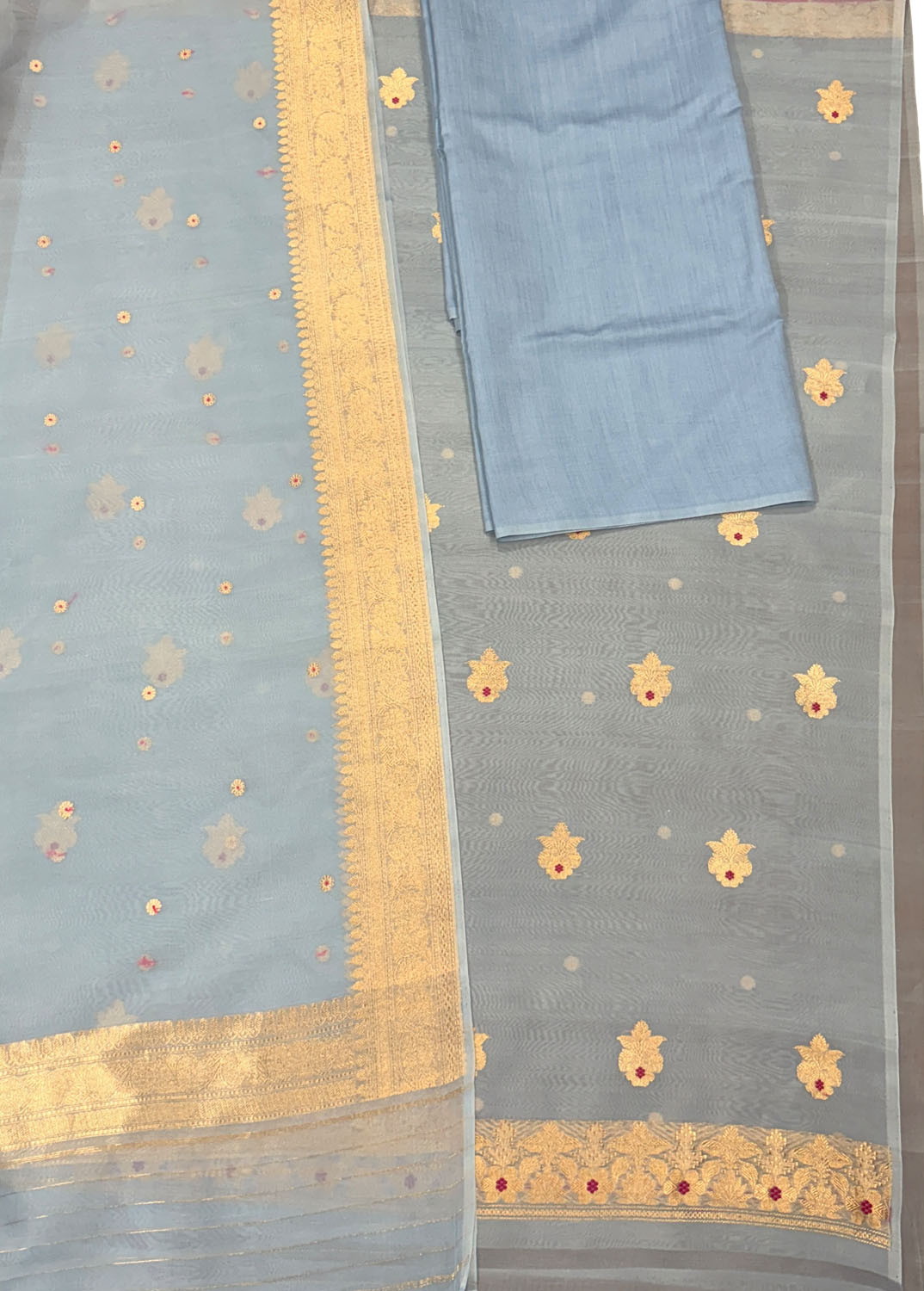 Grey And Blue Banarasi Handloom Kora Silk Unstitched Suit Set