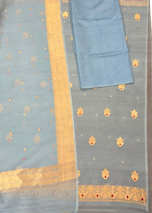Grey And Blue Banarasi Handloom Kora Silk Unstitched Suit Set