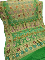 Grey And Green Banarasi Bandhani Pure Georgette Tilfi Zari Saree