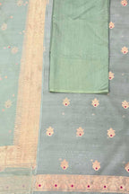 Grey And Green Banarasi Handloom Kora Silk Unstitched Suit Set