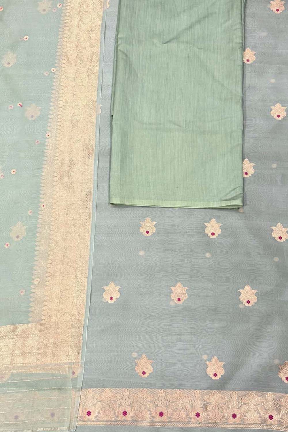 Grey And Green Banarasi Handloom Kora Silk Unstitched Suit Set