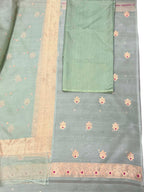 Grey And Green Banarasi Handloom Kora Silk Unstitched Suit Set