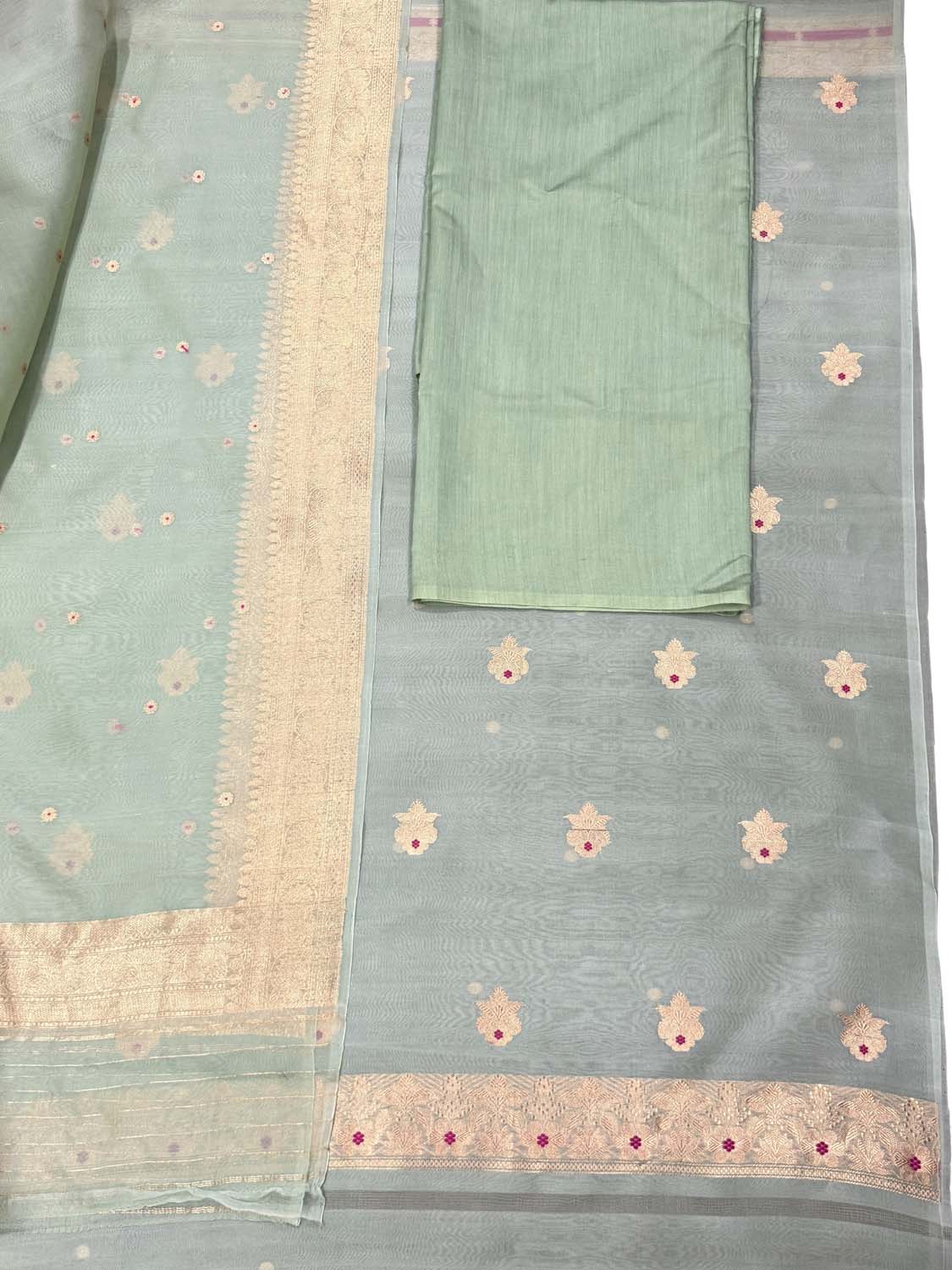 Grey And Green Banarasi Handloom Kora Silk Unstitched Suit Set