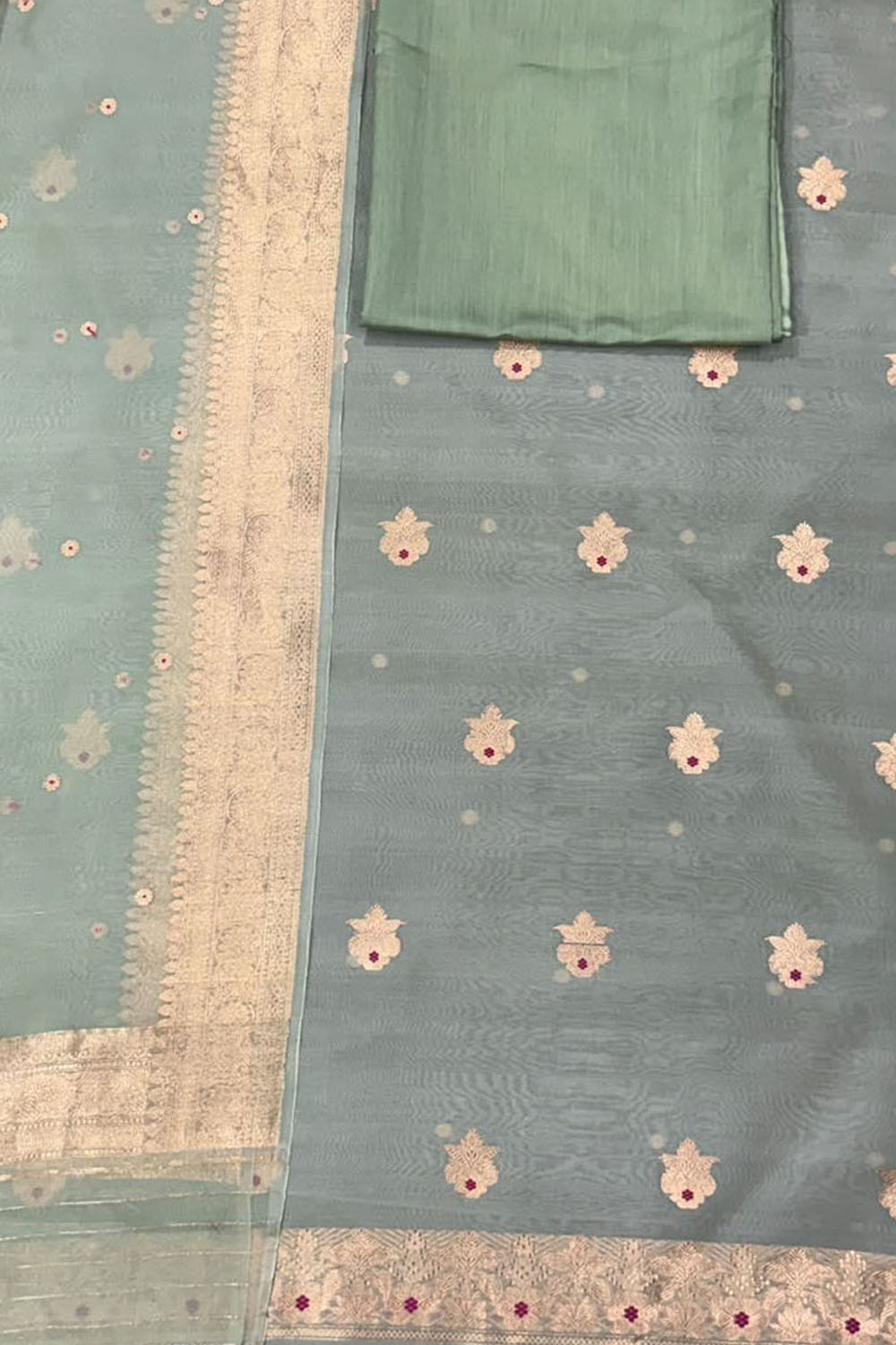 Grey And Green Banarasi Handloom Kora Silk Unstitched Suit Set