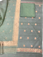 Grey And Green Banarasi Handloom Kora Silk Unstitched Suit Set