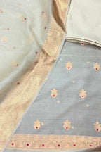 Grey And Off White Banarasi Handloom Kora Silk Unstitched Suit Set