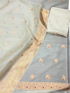 Grey And Off White Banarasi Handloom Kora Silk Unstitched Suit Set