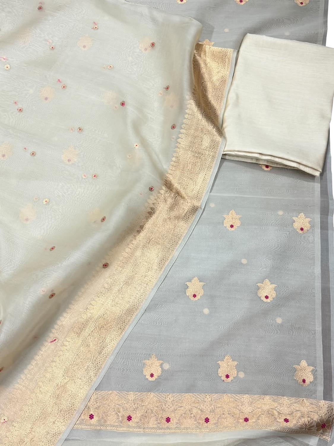 Grey And Off White Banarasi Handloom Kora Silk Unstitched Suit Set